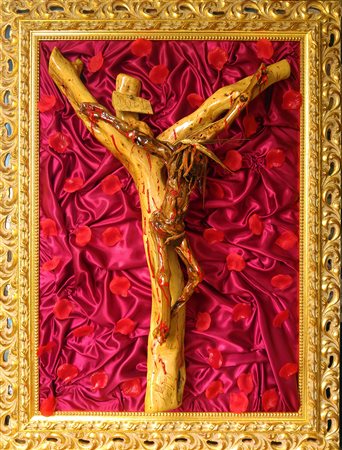 RAFFAELE MAZZA Ecce Homo scultura in legno, grano, ferro,raso,mistura cm...