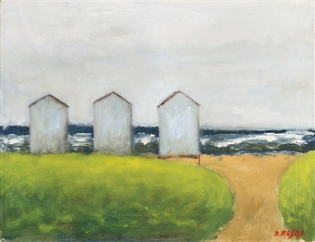 Ottone Rosai (Firenze 1895 - Ivrea 1957)"Cabine sulla spiaggia" 1955 ca.olio...