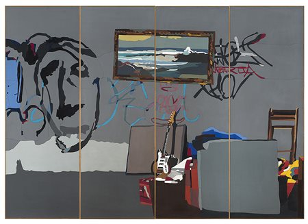 Ugo Nespolo (Mosso Santa Maria 1941)"Flea Market" acrilico su legno (5...