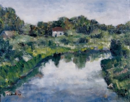 CARRA' CARLO (Quargnento 1881 - Milano 1966) "Paesaggio sul fiume" 1949 Olio...