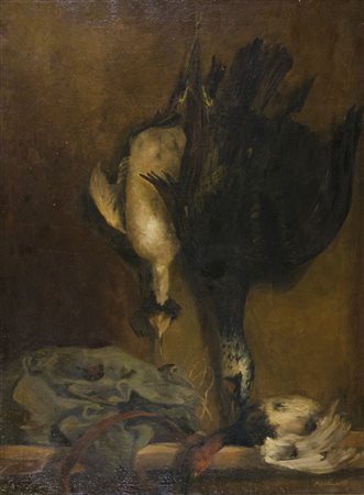 A. Hallay "Cacciagione appesa" cm. 90x75 - olio su tela Firmato b. a d.