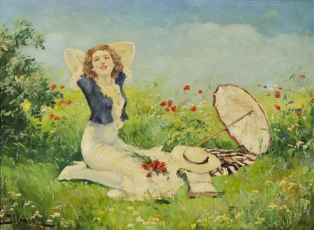 Lipot Illencz 1882-1950 "Ragazza nel prato" cm. 60x80 - olio su tela Firmato...