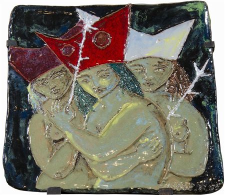 Ulisse Piastra in ceramica a smalti policromi raffigurante personaggi, cm....