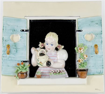 Tosin: piastra da parete in ceramica policroma raffigurante ragazzina alla...