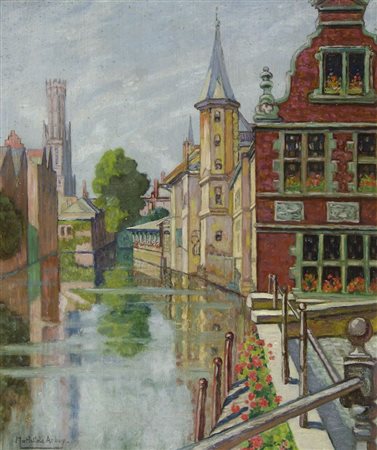 Mathilde Arbey 1890-1966 "Canale tra le case" cm. 55x45 - olio su compensato...