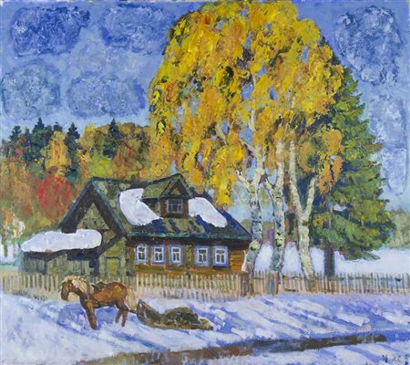Pittore russo contemporaneo "Casa sotto la neve" cm. 70x90 - olio su tela...