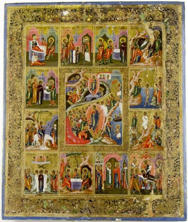 Icona dipinta su tavola raffigurante le 12 feste. cm. 45x38.
