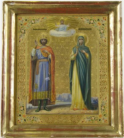 Icona dipinta su tavola raffigurante Santi. cm. 31x26.