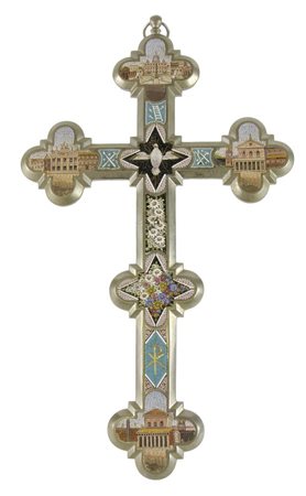 Grande croce in metallo fienemente lavorata a micromosaico raffigurante...