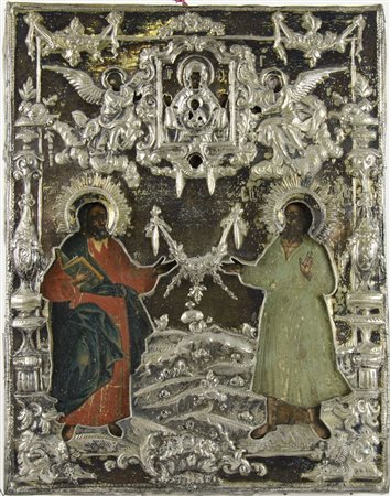 Grande icona dipinta su tavola raffiguranti Santi con riza in argento...