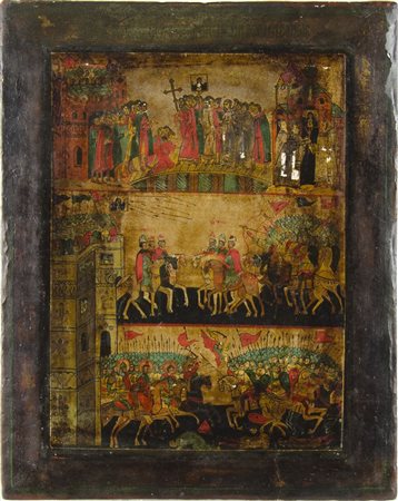 Icona dipinta su tavola raffigurante scene sacre. cm. 32x25.