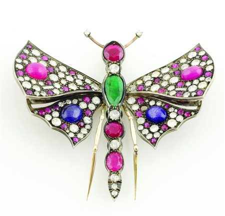 Spilla in oro rosa a forma di farfalla con rubini, rubini cabochon, ametiste...