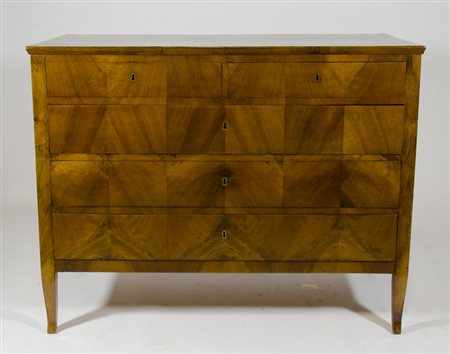 Cassettone in legno a 5 cassetti con decori ad intarsi in legni vari. cm....