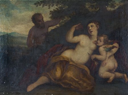 Maestro veneto fine XVI secolo "Venere e Cupido con Satiro" cm. 68x81 - olio...
