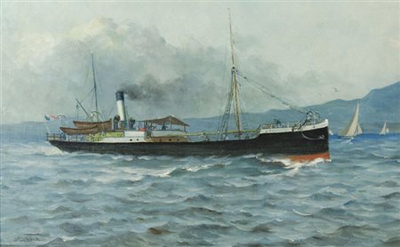 Pittore fine XIX secolo "Piroscafo al largo" cm. 35x55 - olio su tela Tracce...