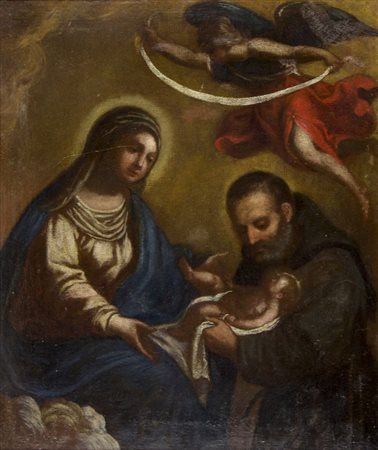 Maestro veneto del XVII secolo "Madonna con bambino, angelo e santa" cm....