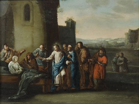 Maestro del XVIII secolo "Gesù guarisce gli ammalati" cm. 21x29 - olio su tavola