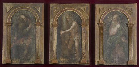 Maestro lombardo del XVI secolo Tre tavole dipinte ad olio raffiguranti Santi...