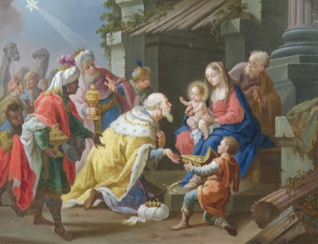 Maestro veneto del XVIII secolo "Adorazione dei Magi" cm. 30x40 - olio su...