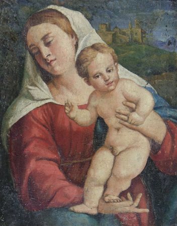 Maestro del XVIII secolo "Madonna con bambino" cm. 40x31 - olio su tela foderata