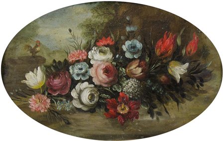 Maestro del XVII secolo "Ghirlanda di fiori nel paesaggio" cm. 20x31 - olio...