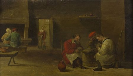 Maestro del XVIII secolo "Interno di taverna" cm. 23x42 - oio su tavola