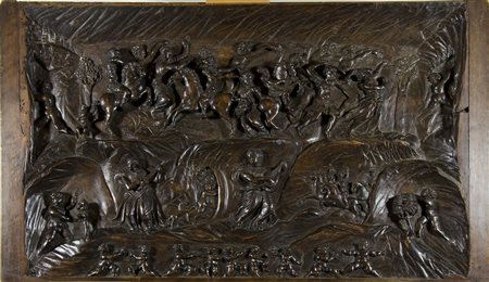 Pannello in legno di noce finemente scolpito con scena mitologica. Veneto,...