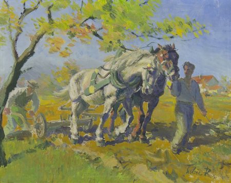 Rajko Subic 1900-? "Nel campo" cm. 45x60 - olio su tela Firmato b. a d.