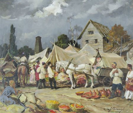 Giuseppe Chiacigh Wladikawkaz 1895-Trieste 1967 "Tende in paese" cm. 50x60 -...