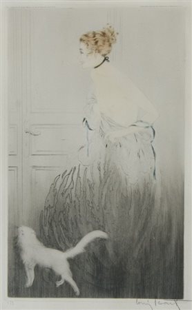 Louis Icart 1888-1950 "Modella con gatto" cm. 47x30 - stampa Firmato b. a d.