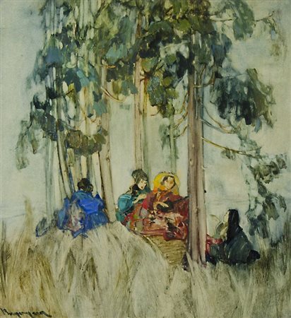 Vittorio Bergagna Trieste 1884-1965 "Musicanti nel bosco" cm. 50x46 - tecnica...