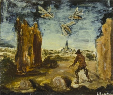 Luigi Zuccheri 1904-1974 "Chiocciole nel paesaggio" cm. 30x35 - tempera su...