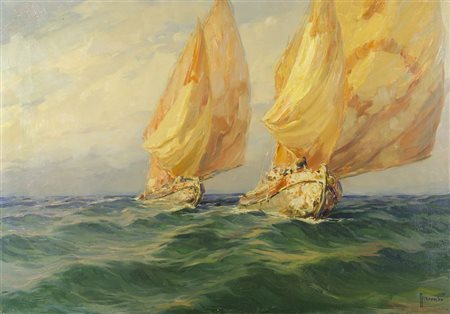 Angelo Brombo Chioggia 1893-1970 "Bragozzi al largo" cm. 70x100 - olio su...