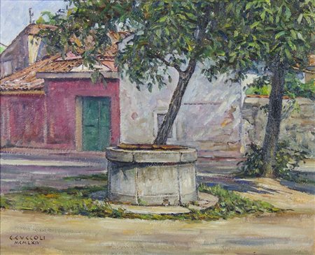 Cesare Cuccoli 1895-1978 "Pozzo in paese" cm. 40x50 - olio su cartone Firmato...