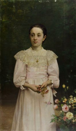 Francesco Beda 1840-1900 "Ritratto tra i fiori" cm. 107x64 - olio su tela...