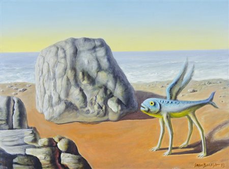 Sabin Balasa 1933-2008 "Pesce fantastico" cm. 46x51 - olio su tela Firmato b....