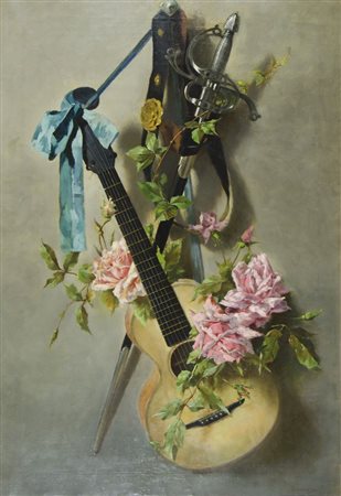 Enrico Hohenberger Trieste 1843-1897 "Grande composizione con rose, chitarra...
