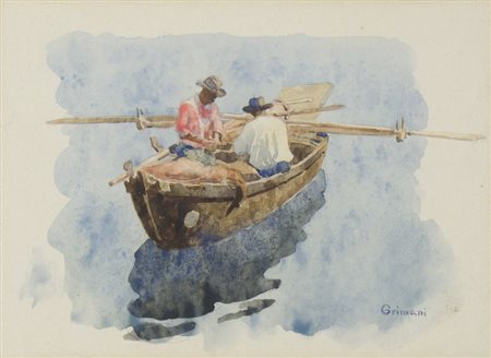 Guido Grimani Trieste 1871-1933 "Barchetta con pescatori" cm. 12x16 -...