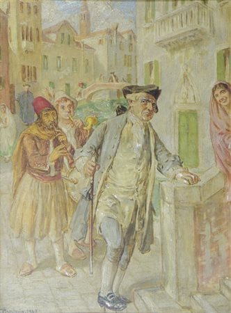 Pittore primi '900 "Passeggiata a Venezia" cm. 47x35 - olio su tavoletta...