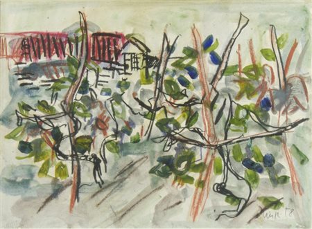 Carlo Ciussi 1930-2012 "Paesaggio con alberi" cm. 32x44 - tecnica mista...