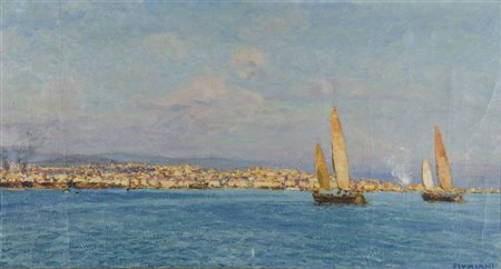 Ugo Flumiani Trieste 1876-1938 "Veduta dal mare" cm. 39x71 - olio su tela...