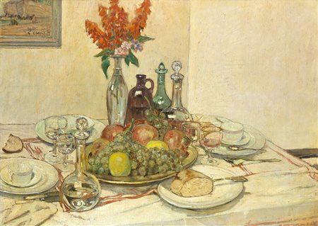 GALILEO CHINI (1873 - 1956) Tavola apparecchiata con fruttiera e fiori, 1933...