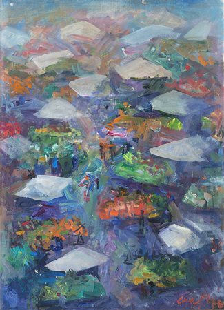 MARIO MAFAI (1902 - 1965) Mercato, 1956 olio su tela, cm 55,5x40 Firmato e...