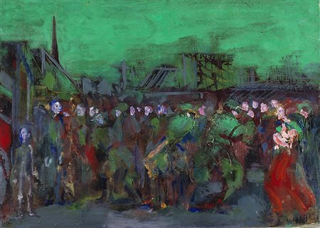 ALIGI SASSU (1912 - 2000) Lo Sciopero, 1955 olio su tela, cm 35,5x50 Firmato...