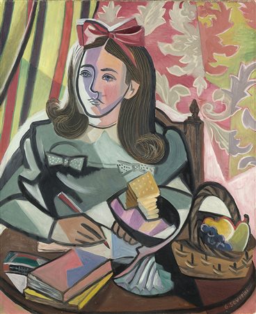GINO SEVERINI (1883 - 1966) L'Ecolière, 1947 olio su tela, cm 61x50 Firmato...