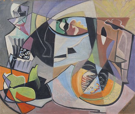 GINO SEVERINI (1883 - 1966) Melone su carta rosa, 1948 olio su tela, cm 46x55...