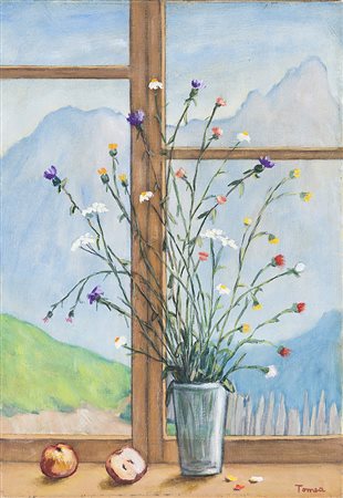 FIORENZO TOMEA (1910 - 1960) Fiori alla finestra olio su tela, cm 50x35,5...