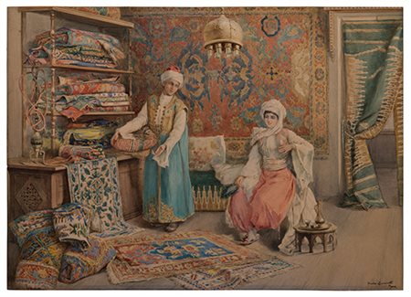 Amedeo Simonetti (1874-1922) Il mercante di tappeti Acquarello su carta...
