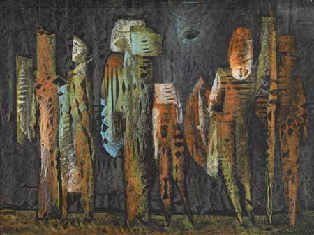 Mirko Basaldella GUERRIERI pastelli a cera su carta nera, cm 29,7x39,6 sul...