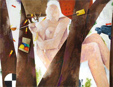 Emilio Tadini PROFUGO IN BOSCO acrilico su tela, cm 114x147 sul retro: firma...